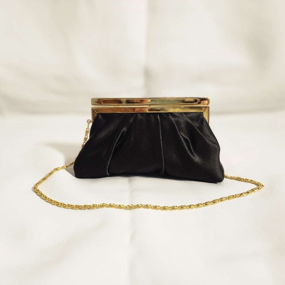 VIntage 1950s Black Satin with Brass Frame Evening Purse Small Purse Evening Bag